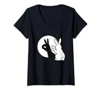 Mujer Divertido Conejo Sombra de Mano marioneta Pop Art Camiseta Cuello V