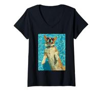 Mujer Divertido Corgi con Gafas de Sol Cool Dog Swimming Summer Vibes Camiseta Cuello V