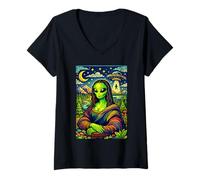 Mujer Divertido Da Vinci Monalisa Alien OVNI Abduction Trippy Art Camiseta Cuello V