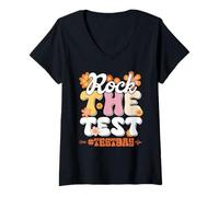 Mujer Divertido día de prueba floral para estudiantes motivadores de Rock The Test Camiseta Cuello V