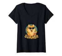 Mujer Divertido dibujo animado de perro vintage con diseño veraniego de Pomerania Camiseta Cuello V