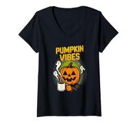 Mujer Divertido Dibujo pixelado de Pumpkin Vibes de Jack O'Lantern para Halloween Camiseta Cuello V