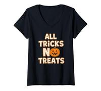 Mujer Divertido Dicho de Halloween para Chicos Todos los Trucos No Treats Espeluznante Camiseta Cuello V