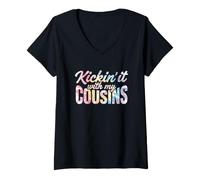Mujer Divertido Dicho Kickin con Mis Primos Sarcástico Camiseta Cuello V
