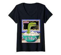 Mujer Divertido Dinosaurio Arroz Bowl Tokio Japón Pop Art Humor Mujeres Hombres Camiseta Cuello V