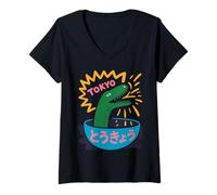Mujer Divertido Dinosaurio Arroz Bowl Tokio Japón Pop Art Humor Mujeres Hombres Camiseta Cuello V