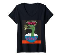 Mujer Divertido Dinosaurio Arroz Bowl Tokio Japón Pop Art Humor Mujeres Hombres Camiseta Cuello V