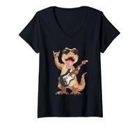 Mujer Divertido Dinosaurio Rock Guitarra Tocando T-Rex diseño Retro Camiseta Cuello V