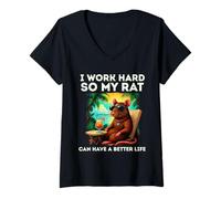Mujer Divertido diseño de Amante de Las Ratas I Work Hard Colorful Rat Camiseta Cuello V