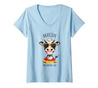 Mujer Divertido diseño de dibujos animados de vaca de Marion WI USA Camiseta Cuello V