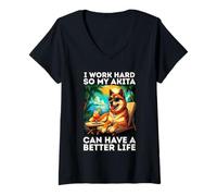 Mujer Divertido diseño de Perro Akita I Work Hard Akita Lover Camiseta Cuello V