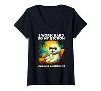 Mujer Divertido diseño de Perro Bichon Frise I Work Hard Bichon Frise Lover Camiseta Cuello V