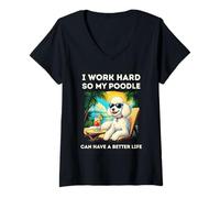 Mujer Divertido diseño de Perro caniche I Work Hard White Poodle Lovers Camiseta Cuello V