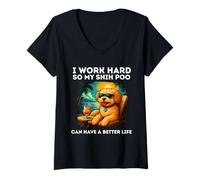 Mujer Divertido diseño de Perro Shih Poo I Work Hard Shih Poo Lovers Camiseta Cuello V