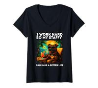 Mujer Divertido diseño de Staffordshire Bull Terrier I Work Hard Camiseta Cuello V