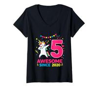 Mujer Divertido diseño de Unicornio para Fiesta de cumpleaños número 5 Camiseta Cuello V