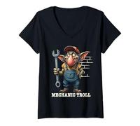 Mujer Divertido diseño mecánico de troll para amantes de los coches y fanáticos del garaje Camiseta Cuello V