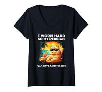 Mujer Divertido diseño Persa Amante de los Gatos I Work Hard Gato Persa Camiseta Cuello V