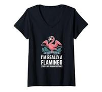 Mujer Divertido Disfraz de Flamenco Que Dice Que Soy Realmente un Flamenco Humano Camiseta Cuello V