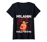 Mujer Divertido Disfraz de melanina de Halloween para niña Negra mágica de Sangre aterradora Camiseta Cuello V