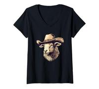 Mujer Divertido disfraz de oveja con sombrero de vaquero clásico Camiseta Cuello V