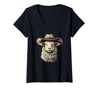 Mujer Divertido disfraz de oveja con sombrero de vaquero para niños y niñas Camiseta Cuello V