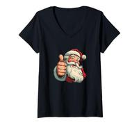 Mujer Divertido Disfraz gráfico de Papá Noel con Pulgar hacia Arriba Camiseta Cuello V