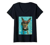 Mujer Divertido Doberman con Gafas de Sol Cool Dog Swimming Summer Vibe Camiseta Cuello V