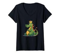 Mujer Divertido dragón Gordo con Corona para los Amantes de los Dragones de Dibujos Animados Camiseta Cuello V