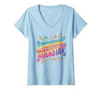 Mujer Divertido Educativo Rockstar Maestro Coro Campamento Música Motivar Camiseta Cuello V