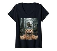 Mujer Divertido Encuentro con un Gato, un velocirraptor, un ovni en el Bosque Camiseta Cuello V