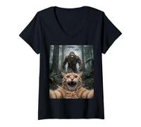 Mujer Divertido Encuentro con un ovni en el Bosque con una Selfie de Gato Camiseta Cuello V