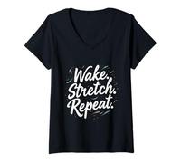 Mujer Divertido Estiramiento Fitness Cita Regalo Despertar Estiramiento Repetir Camiseta Cuello V