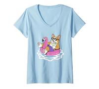 Mujer Divertido Flotador de Piscina Corgi Flamingo Fiesta de Verano Camiseta Cuello V