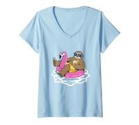 Mujer Divertido Flotador de Piscina de Perezoso Flamenco para Fiesta de Verano Camiseta Cuello V