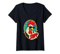 Mujer Divertido Gallo en Gafas de Sol Sup Amante del Pollo Granjero de Animales Camiseta Cuello V