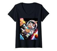 Mujer Divertido Gatito Pizza Margherita Fuera de Galaxias, Astro-Gato Camiseta Cuello V