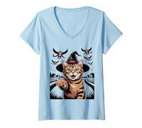 Mujer Divertido Gato Bruja Fantasma Espeluznante Truco o Trato Equipo Brujas Broma Camiseta Cuello V