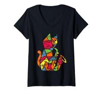 Mujer Divertido Gato Colorido Jugando saxofón Camiseta Cuello V