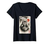 Mujer Divertido Gato Comiendo Fideos Ramen Sumi-e Japonés Kawaii Anime Camiseta Cuello V