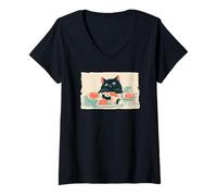 Mujer Divertido Gato Comiendo Sushi japonés Vintage Foodie Art Gift Camiseta Cuello V