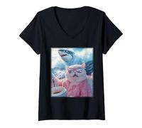 Mujer Divertido Gato con Gafas de Sol en Barco Tiburón Weirdcore Camiseta Cuello V