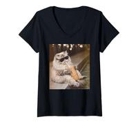 Mujer Divertido Gato Esponjoso Bebiendo Café Helado Meme Divertido Camiseta Cuello V