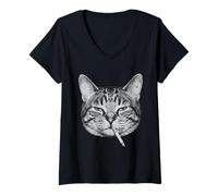 Mujer Divertido Gato Fumando Cigarrillo Tabby Cat Meme Brainrot Camiseta Cuello V