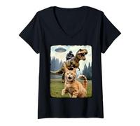 Mujer Divertido Gato Gorila Dinosaurio UFO Meme Humor Absurdo Escena Camiseta Cuello V