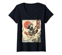 Mujer Divertido Gato Montando Pollo japonés Ukiyo-e Art Samurai Cat Camiseta Cuello V