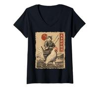 Mujer Divertido Gato Montando Pollo japonés Ukiyo-e Art Samurai Cat Camiseta Cuello V