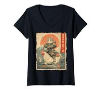 Mujer Divertido Gato Montando Pollo japonés Ukiyo-e Art Samurai Cat Camiseta Cuello V