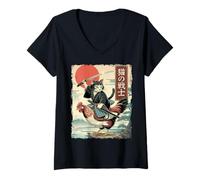 Mujer Divertido Gato Montando Pollo japonés Ukiyo-e Art Samurai Cat Camiseta Cuello V