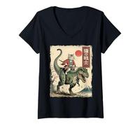 Mujer Divertido Gato Montando T-Rex japonés Ukiyo-e Art Samurai Cat Camiseta Cuello V